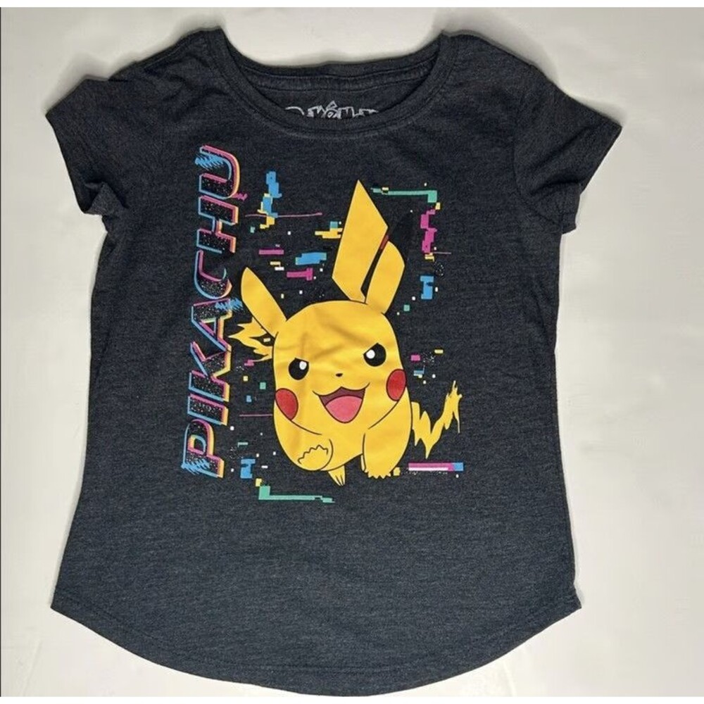 Pokemon Pikachu T-Shirt Girls S 6-6X Gray Glitch Graphic Tee Hybrid Pre-Owned